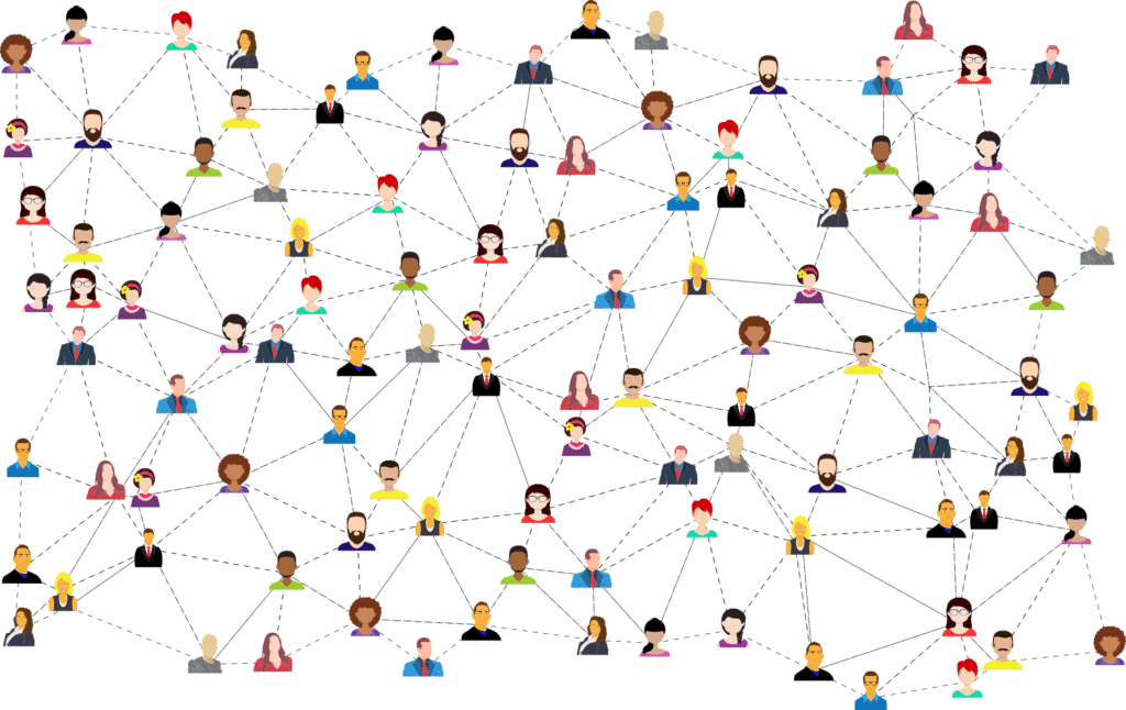 Grafische Darstellung von menschlichen Netzwerken. Social Proof als wichtiges Element der UX (engl. User Experience, dts. Nutzer Erlebnis)  